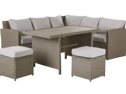Beliani Set salotto da giardino con tavolo e pouf 5 posti BARDI con cuscini Rattan sintetico (PE) Tortora Beige Naturale Grigio