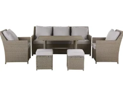 Outlet Beliani Set salotto da giardino con tavolo e pouf 5 posti FONTI con cuscini Rattan sintetico (PE) Tortora Beige Naturale Grigio
