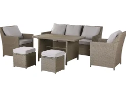 Outlet Beliani Set salotto da giardino con tavolo e pouf 5 posti FONTI con cuscini Rattan sintetico (PE) Tortora Beige Naturale Grigio