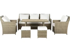 Outlet Beliani Set salotto da giardino con tavolo e pouf 5 posti FONTI con cuscini Rattan sintetico (PE) Marrone Bianco Marrone
