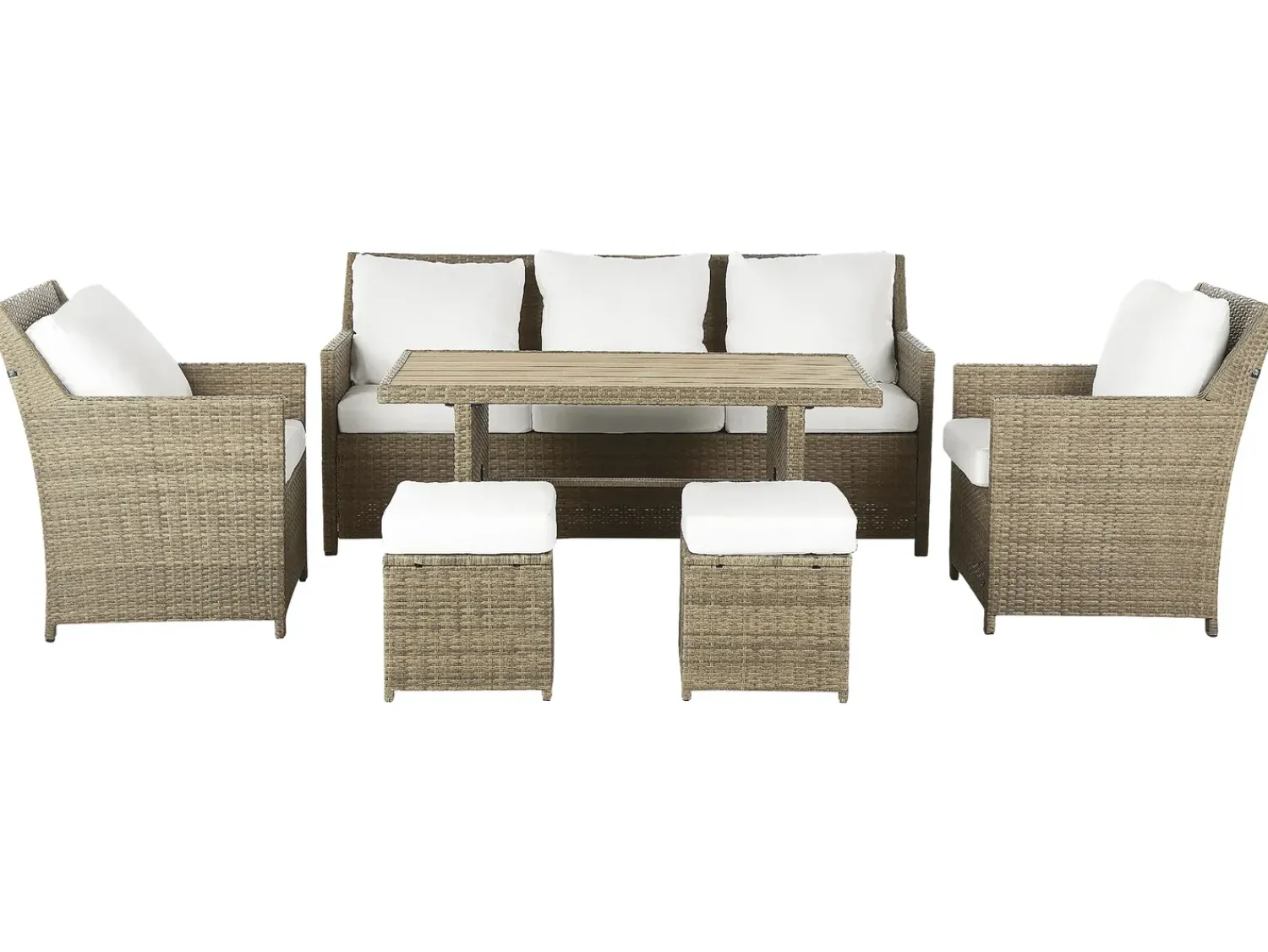 Outlet Beliani Set salotto da giardino con tavolo e pouf 5 posti FONTI con cuscini Rattan sintetico (PE) Marrone Bianco Marrone