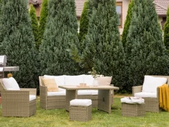 Outlet Beliani Set salotto da giardino con tavolo e pouf 5 posti FONTI con cuscini Rattan sintetico (PE) Marrone Bianco Marrone