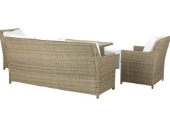Outlet Beliani Set salotto da giardino con tavolo e pouf 5 posti FONTI con cuscini Rattan sintetico (PE) Marrone Bianco Marrone