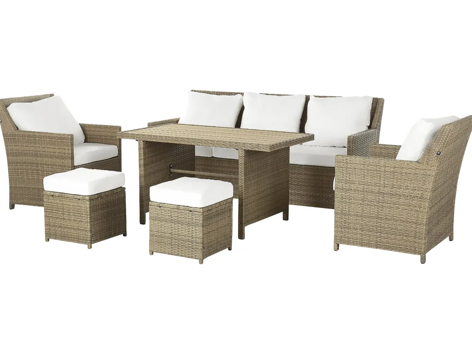 Outlet Beliani Set salotto da giardino con tavolo e pouf 5 posti FONTI con cuscini Rattan sintetico (PE) Marrone Bianco Marrone