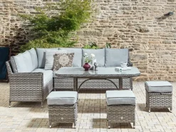 Discount Beliani Set salotto da giardino con tavolo e pouf 9 posti LACONA Lato destro Rattan sintetico (PE) chiaro Grigio