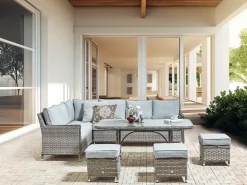 Discount Beliani Set salotto da giardino con tavolo e pouf 9 posti LACONA Lato destro Rattan sintetico (PE) chiaro Grigio