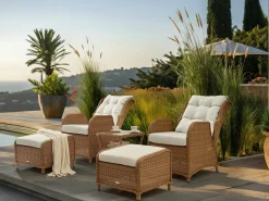Discount Beliani Set salotto da giardino con tavolo e pouf 2 posti PONZA Rattan sintetico (PE) Marrone Bianco Marrone