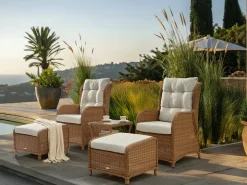 Discount Beliani Set salotto da giardino con tavolo e pouf 2 posti PONZA Rattan sintetico (PE) Marrone Bianco Marrone