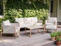 Clearance Beliani Set salotto da giardino con tavolo e pouf 5 posti NOLA Metallo Beige chiaro Beige Marrone