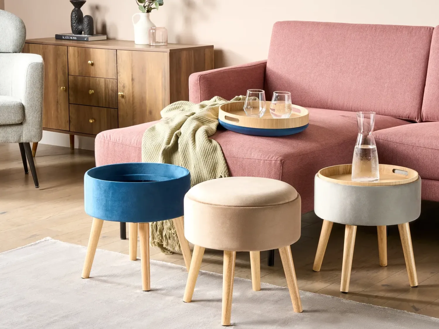 New Beliani Sgabello contenitore NEELY Velluto Beige