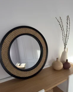 Hot Beliani Specchio CAMBRAI 70 cm 104 cm Rattan Naturale Naturale Nero