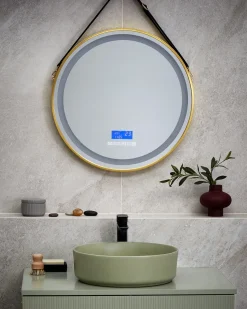 Outlet Beliani Specchio da bagno con luce LED DAROIS 60 cm 60 cm con altoparlante Bluetooth integrato Oro Oro Nero