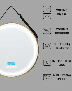 Outlet Beliani Specchio da bagno con luce LED DAROIS 60 cm 60 cm con altoparlante Bluetooth integrato Oro Oro Nero