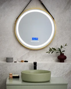 Outlet Beliani Specchio da bagno con luce LED DAROIS 60 cm 60 cm con altoparlante Bluetooth integrato Oro Oro Nero