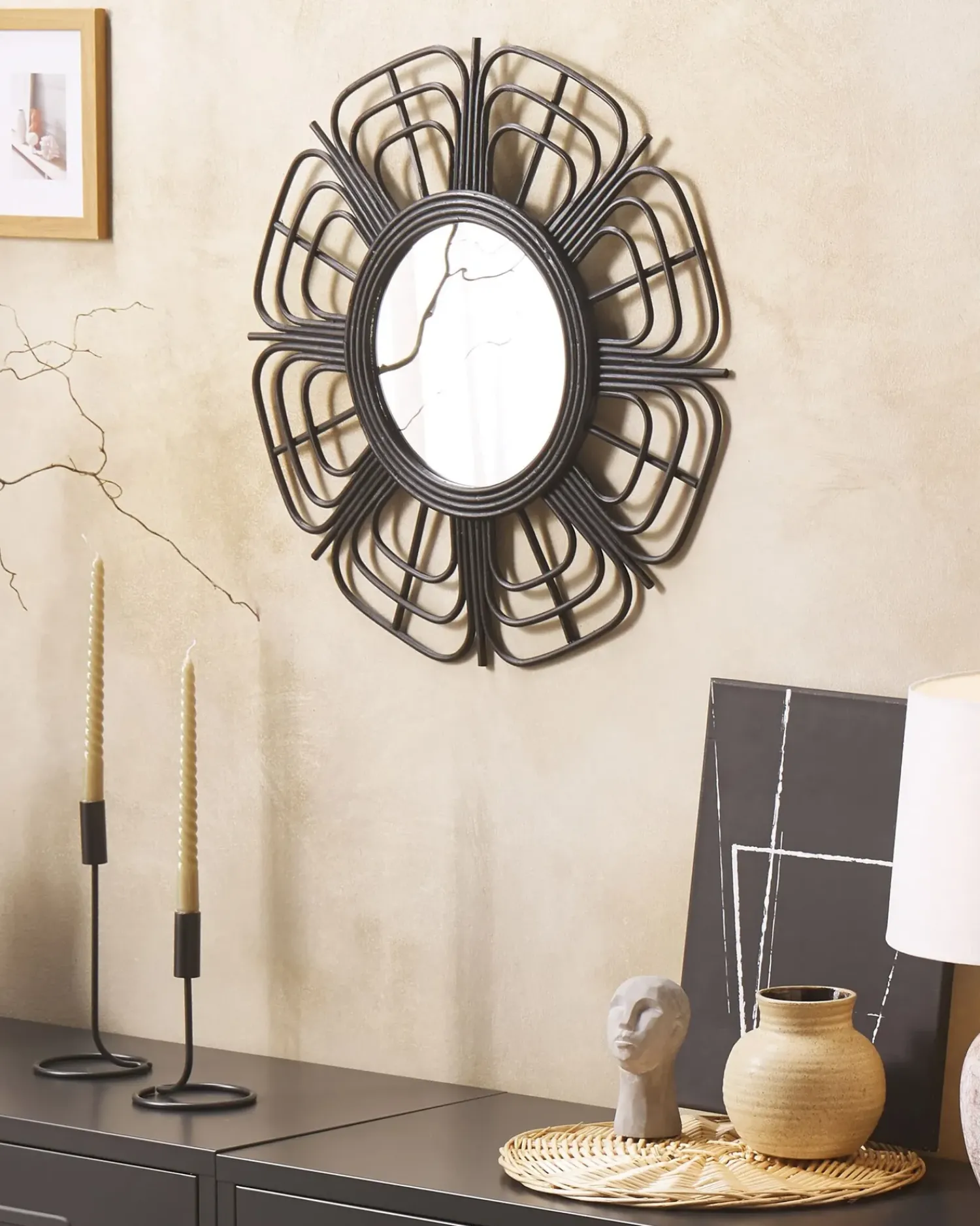 Outlet Beliani Specchio PASAKU 60 cm 60 cm Rattan Nero