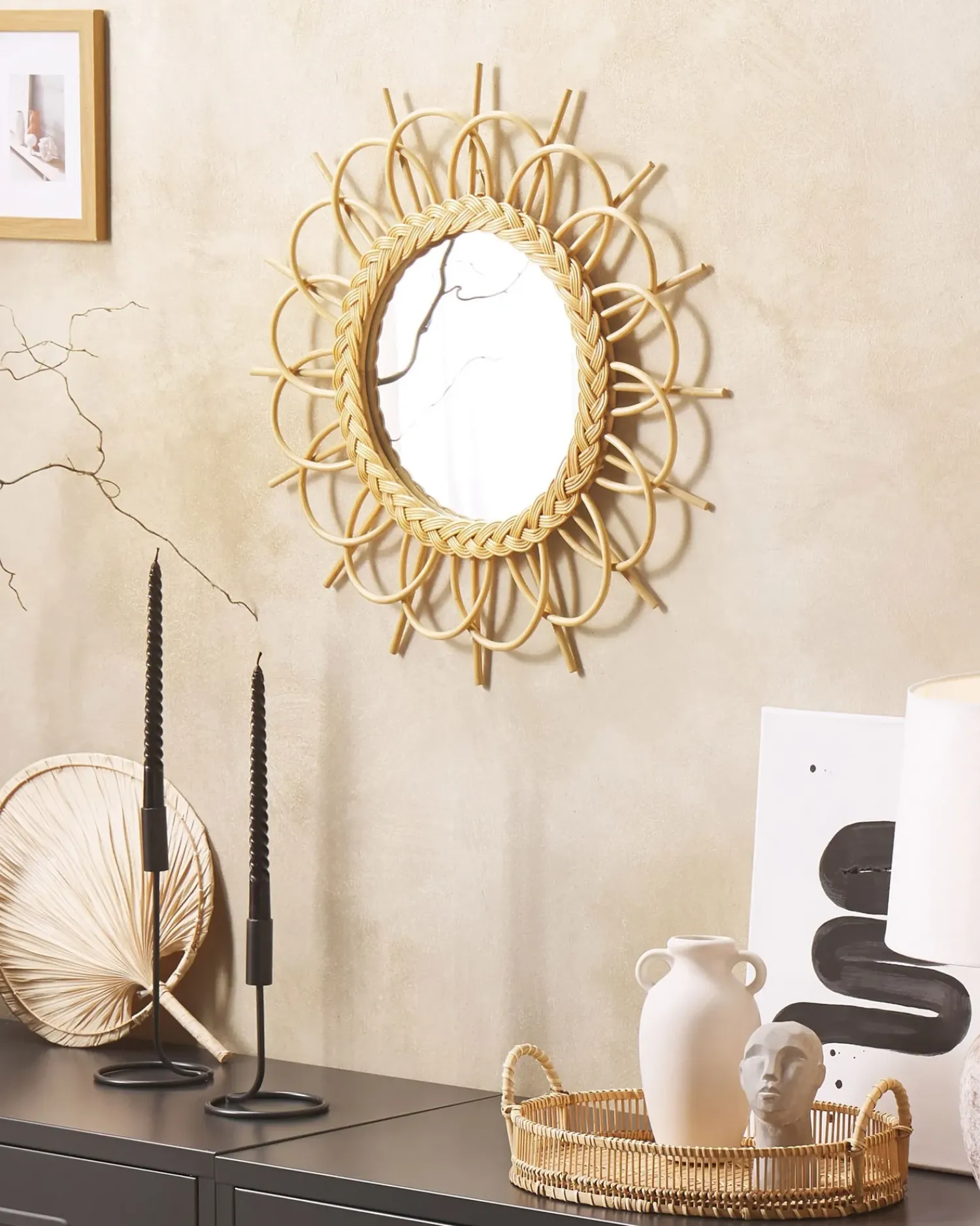 Beliani Specchio TELAKIA 60 cm 60 cm Rattan Naturale Marrone