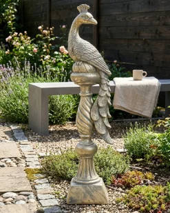 Outlet Beliani Statuetta da giardino HAARBY Pavone Oro Oro Grigio