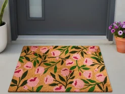 Clearance Beliani Tappetino da Ingresso MANGUAO Naturale 60 x 90 cm Fiore Fibra di Cocco Naturale Rosa Verde
