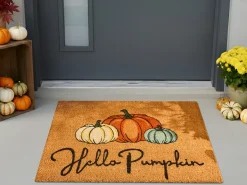 Beliani Tappetino da Ingresso SAPANG Naturale 60 x 90 cm Zucca Fibra di Cocco Naturale Arancione Bianco Blu Nero
