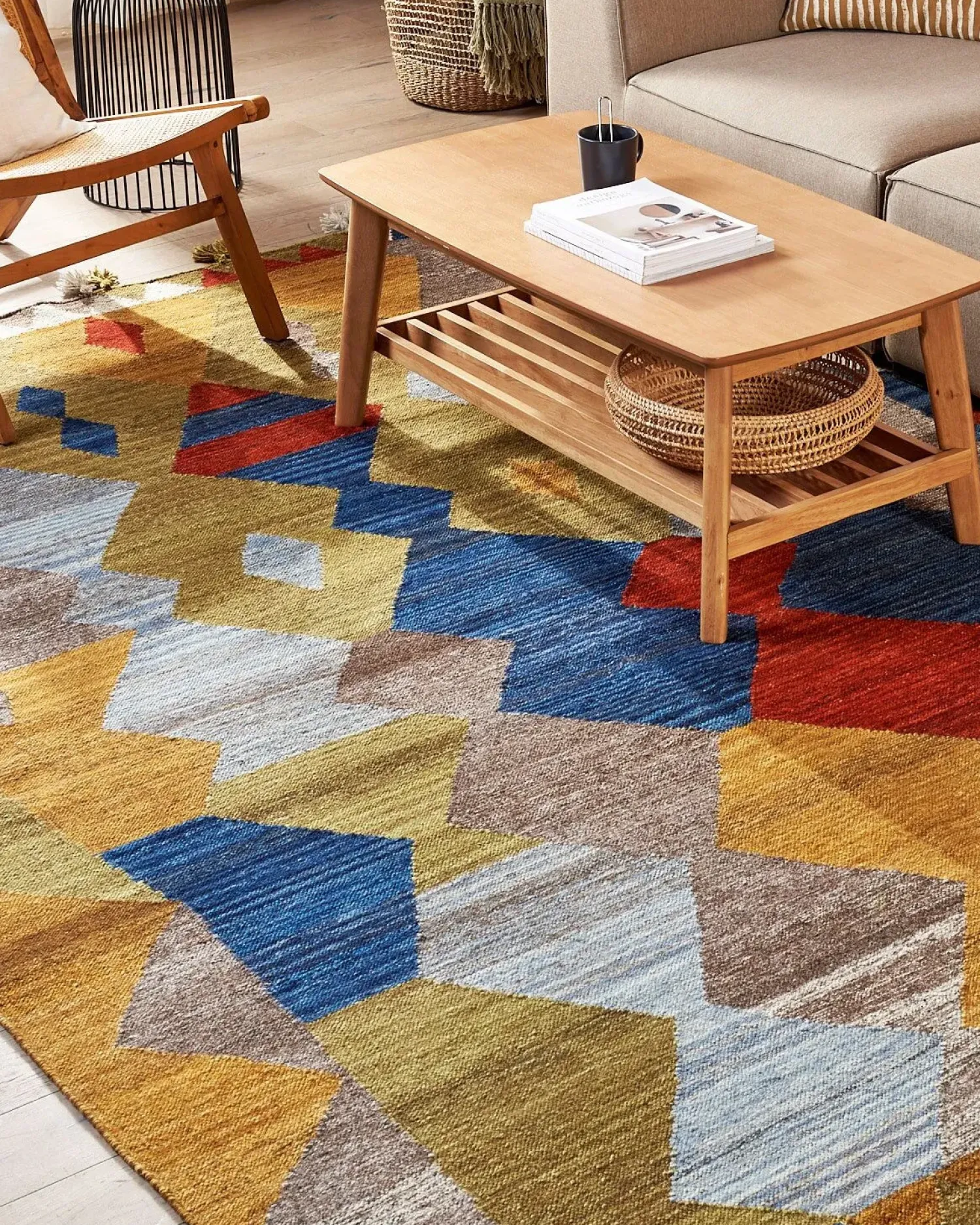 Sale Beliani Tappeto ARZAKAN Multicolore Lana Kilim Rosso Blu Verde Multicolore