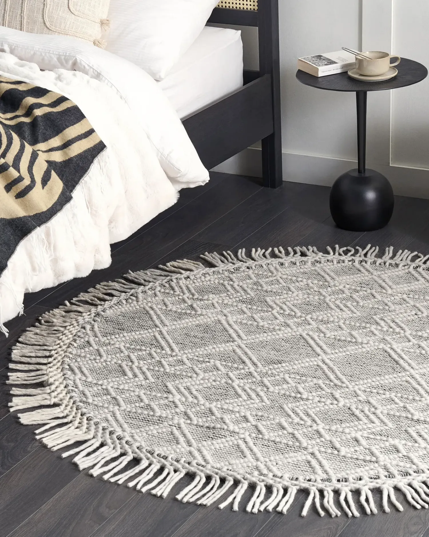 Hot Beliani Tappeto BULDAN Grigio ø 140 cm Lana Bianco Grigio