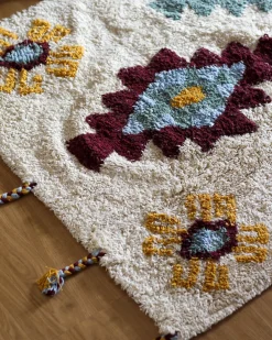 Beliani Tappeto DUZCE Beige Cotone Beige Bordeaux Giallo Verde Multicolore