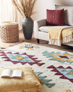 Beliani Tappeto DUZCE Beige Cotone Beige Bordeaux Giallo Verde Multicolore