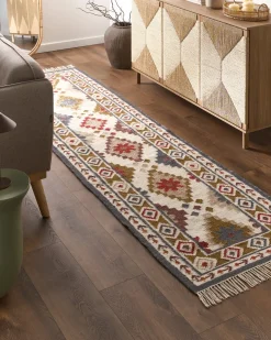 New Beliani Tappeto GHUKASAVAN Multicolore Lana Kilim Beige Giallo Rosso Multicolore