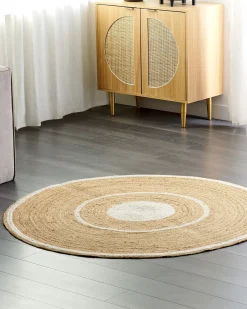 New Beliani Tappeto HALFELI Beige ø 140 cm Iuta Beige Bianco