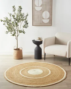 New Beliani Tappeto HALFELI Beige ø 140 cm Iuta Beige Bianco