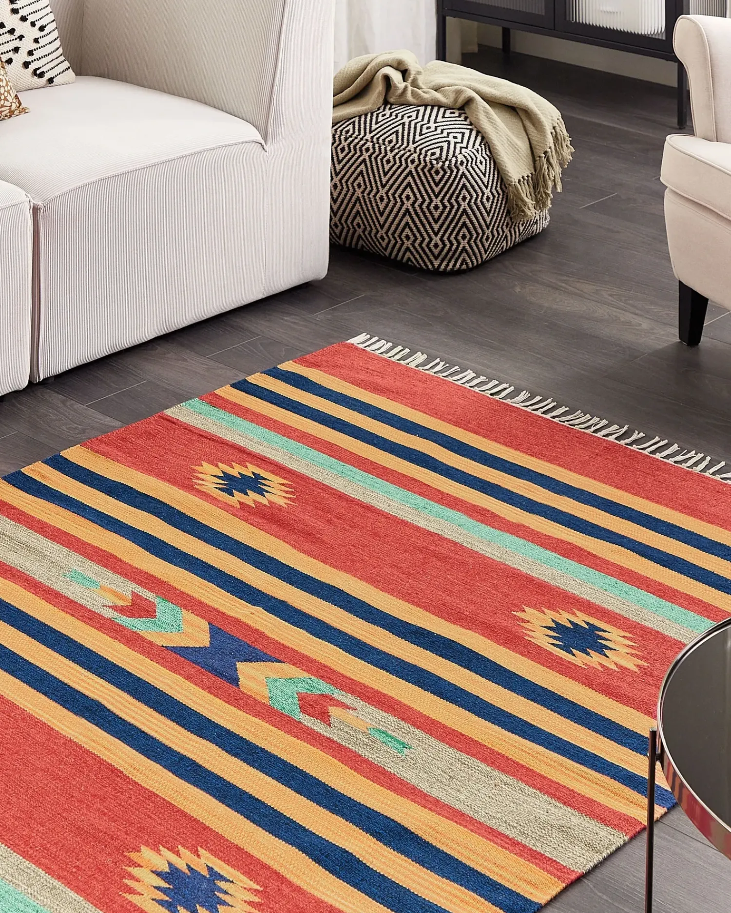 Online Beliani Tappeto HATIS Multicolore Cotone Kilim Arancione Blu Rosso Multicolore