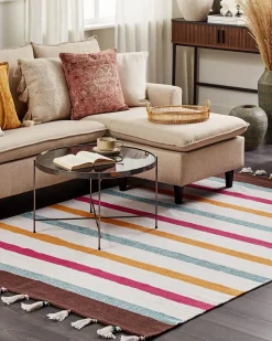 Online Beliani Tappeto HISARLI Multicolore Cotone Arancione Bianco Blu Marrone Multicolore