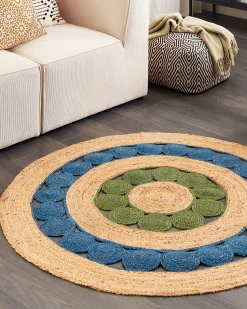 Hot Beliani Tappeto HOVIT Verde Blu ø 140 cm Iuta Naturale Blu Verde