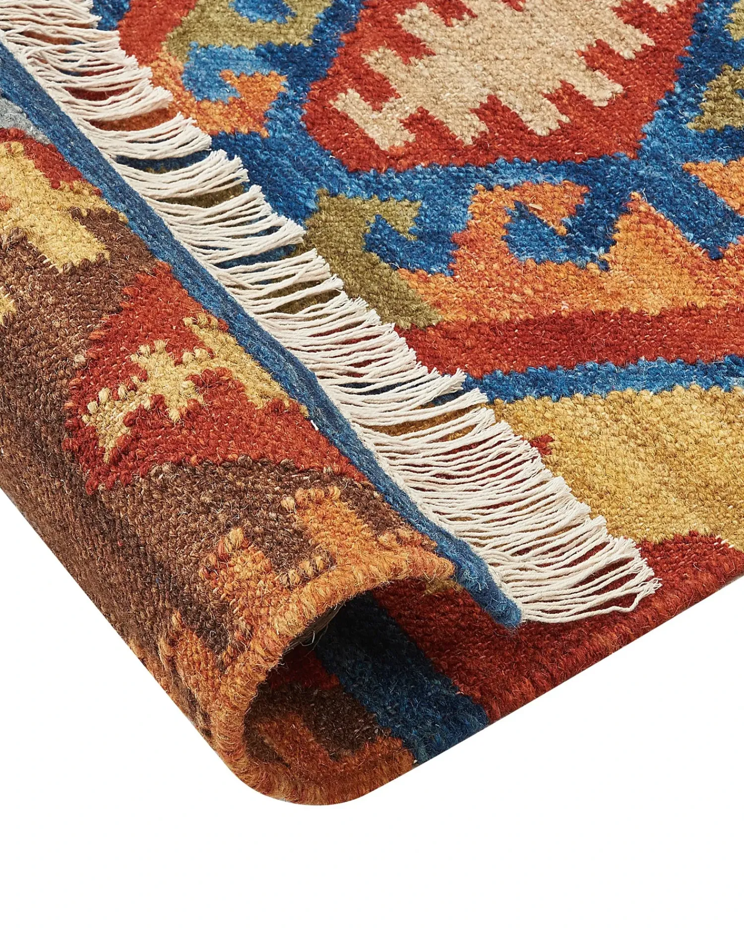 Outlet Beliani Tappeto JRVESH Multicolore 80 x 150 cm Lana Kilim Blu Marrone Rosso Multicolore