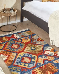 Outlet Beliani Tappeto JRVESH Multicolore 80 x 150 cm Lana Kilim Blu Marrone Rosso Multicolore