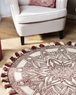 Outlet Beliani Tappeto OLTU Rosso ø 120 cm Cotone Beige Rosso