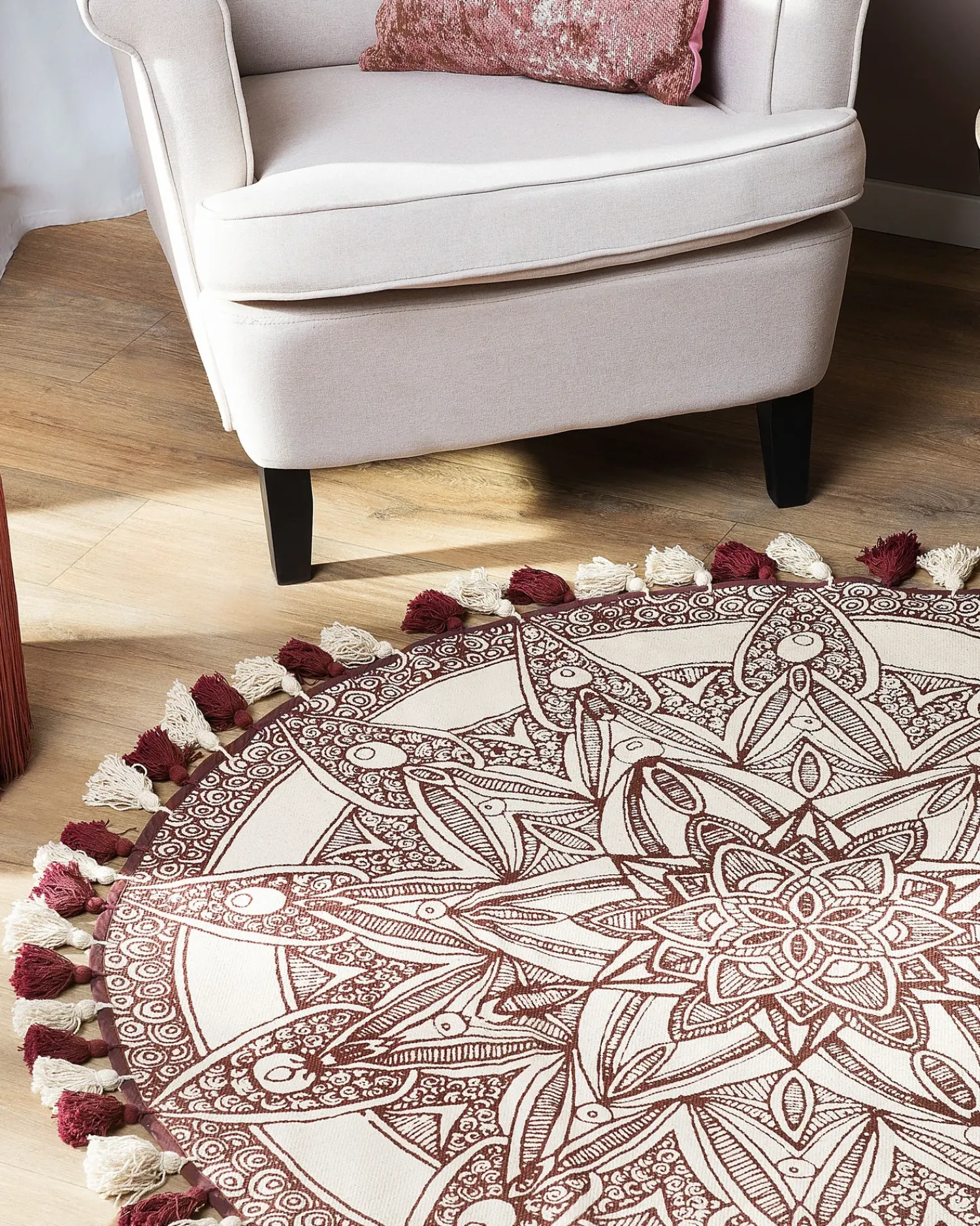 Outlet Beliani Tappeto OLTU Rosso ø 120 cm Cotone Beige Rosso