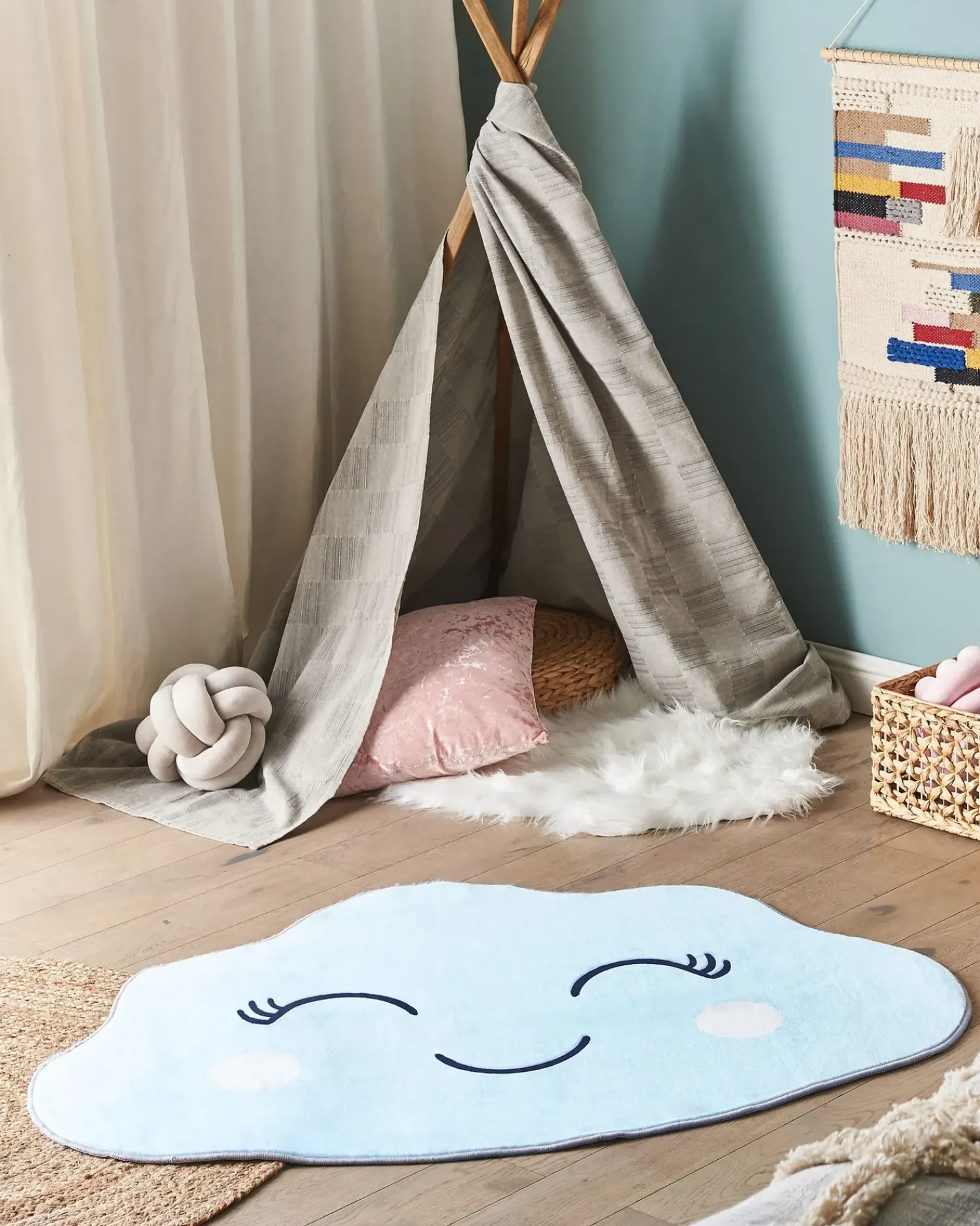 Hot Beliani Tappeto per bambini CUMULUS Azzurro 90 x 120 cm Bianco Blu Nero