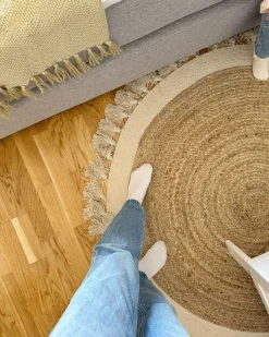New Beliani Tappeto SAMSUN Beige ø 120 cm Iuta Beige Bianco