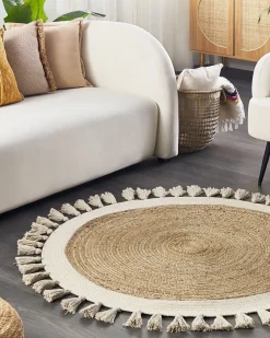 New Beliani Tappeto SAMSUN Beige ø 120 cm Iuta Beige Bianco