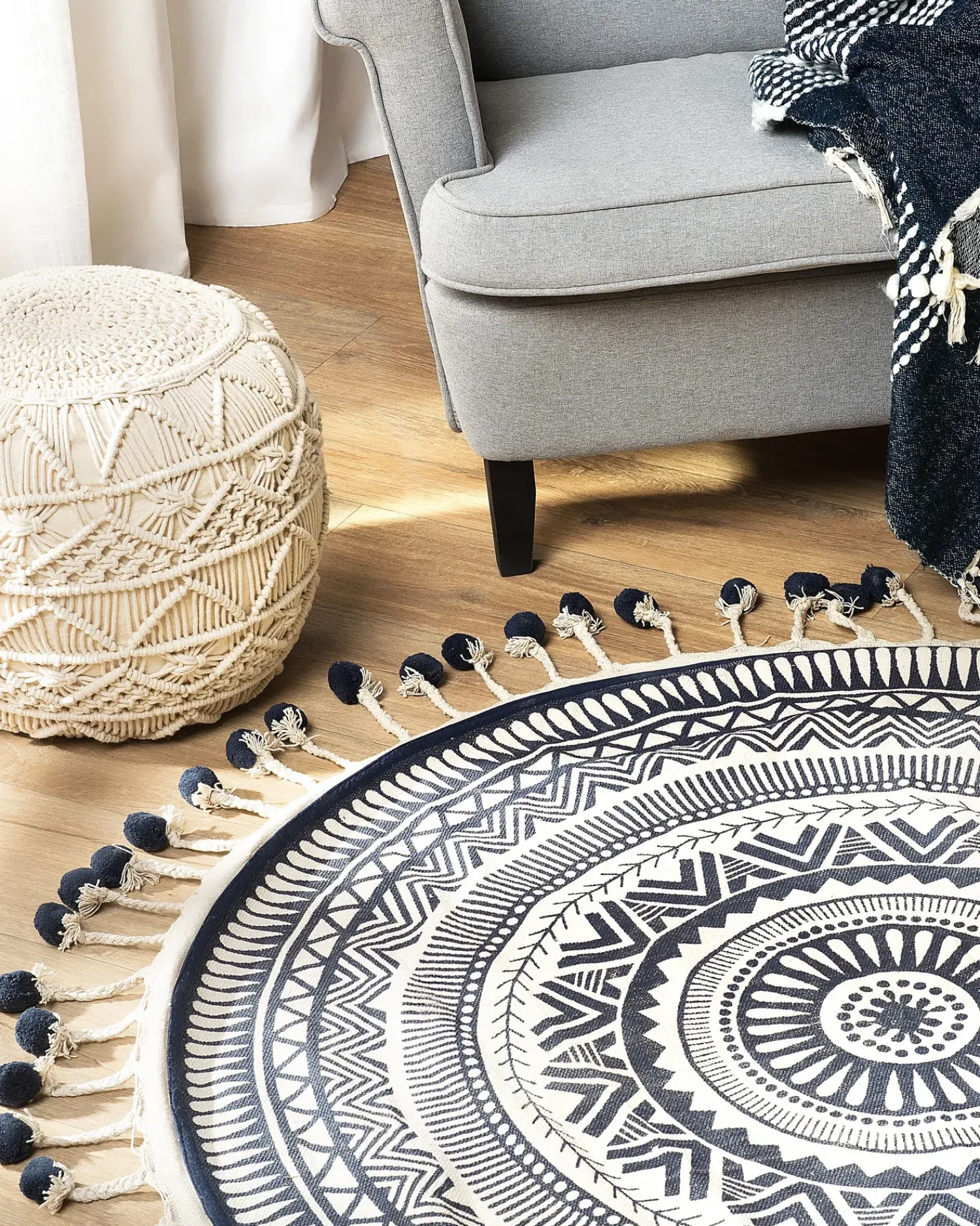 Hot Beliani Tappeto TATVAN Blu ø 120 cm Cotone Bianco Blu