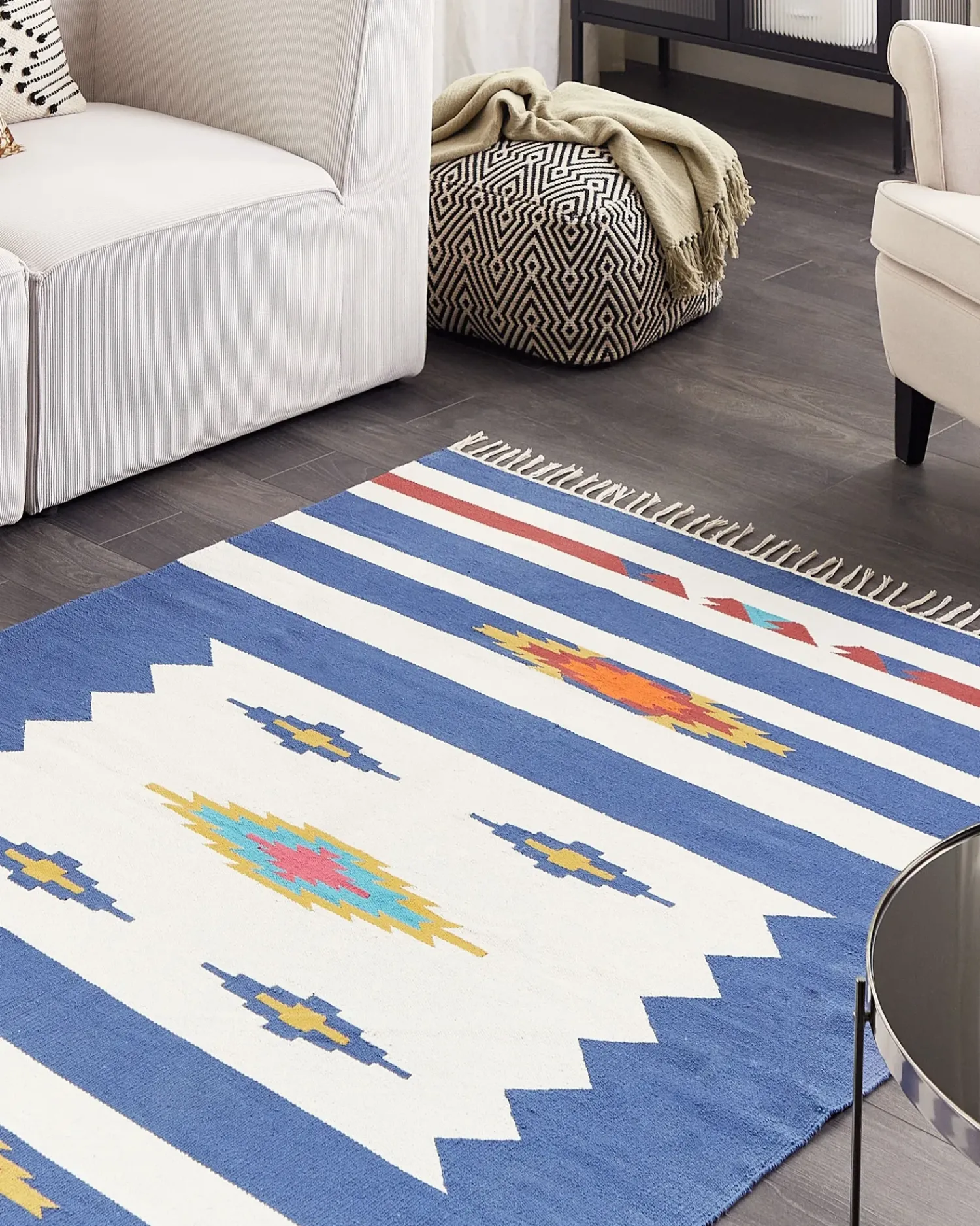 Beliani Tappeto VARSER Multicolore Cotone Kilim Bianco Blu Multicolore Rosso