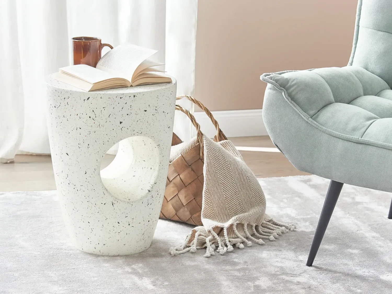 New Beliani Tavolino EDOLO 37 cm 37 cm Effetto terrazzo Terrazzo Bianco