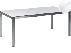 Beliani Tavolo da pranzo da giardino COSOLETO 180 cm 90 cm Effetto marmo Vetro Bianco Bianco Argento
