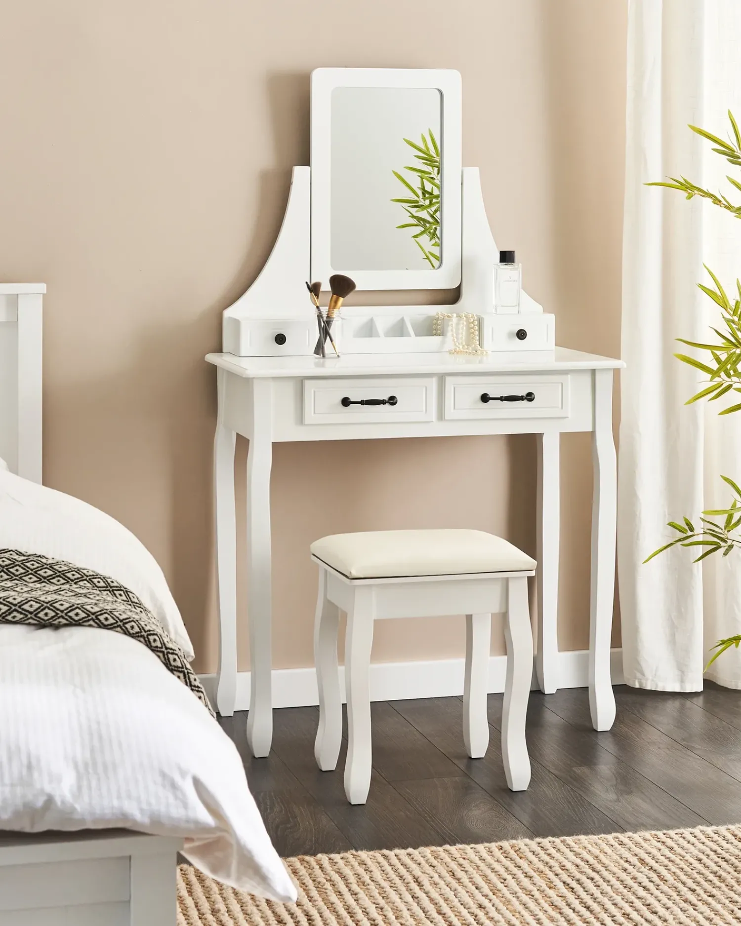 Beliani Toeletta con specchio e sgabello RAYON Bianco Bianco Beige