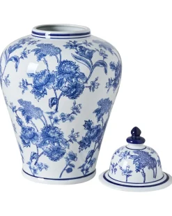 Discount Beliani Vaso con coperchio ALFARO Porcellana 46 cm Bianco/Blu Bianco Blu