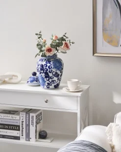 New Beliani Vaso con coperchio CUENCA Porcellana 36 cm Bianco/Blu Bianco Blu
