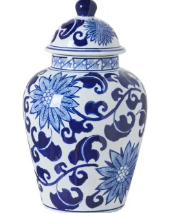 New Beliani Vaso con coperchio CUENCA Porcellana 36 cm Bianco/Blu Bianco Blu