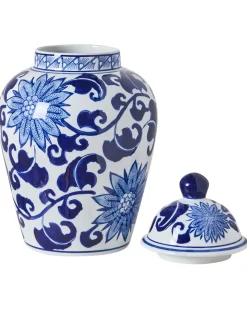 New Beliani Vaso con coperchio CUENCA Porcellana 36 cm Bianco/Blu Bianco Blu