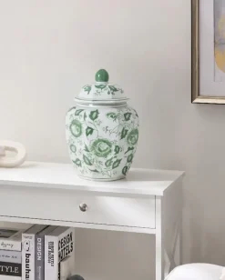 Best Beliani Vaso con coperchio FERROL Porcellana 29 cm Bianco/Verde Bianco Verde